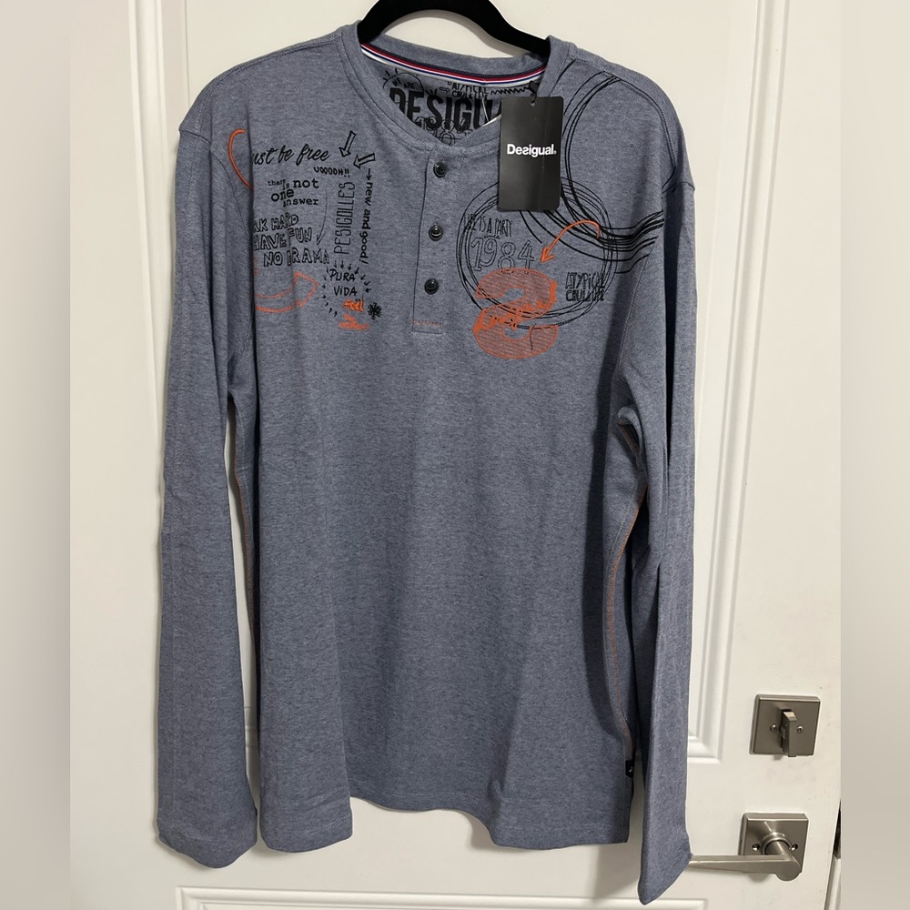 NWT - Desigual Men’s Graphic 3-Button Long Sleeve Henley Shirt - Size XL